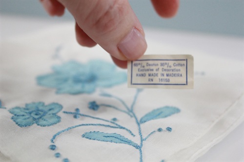 Vintage Handkerchief Handmade in Madeira Spain | White Hankie with Embroidered Blue Flower | Unused Vintage view 2
