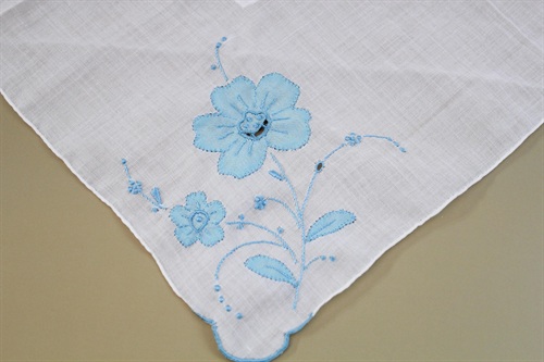 Vintage Handkerchief Handmade in Madeira Spain | White Hankie with Embroidered Blue Flower | Unused Vintage view 4