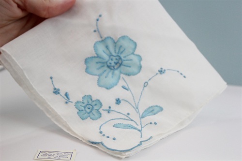 Vintage Handkerchief Handmade in Madeira Spain | White Hankie with Embroidered Blue Flower | Unused Vintage view 6