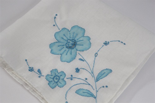 Vintage Handkerchief Handmade in Madeira Spain | White Hankie with Embroidered Blue Flower | Unused Vintage view 7