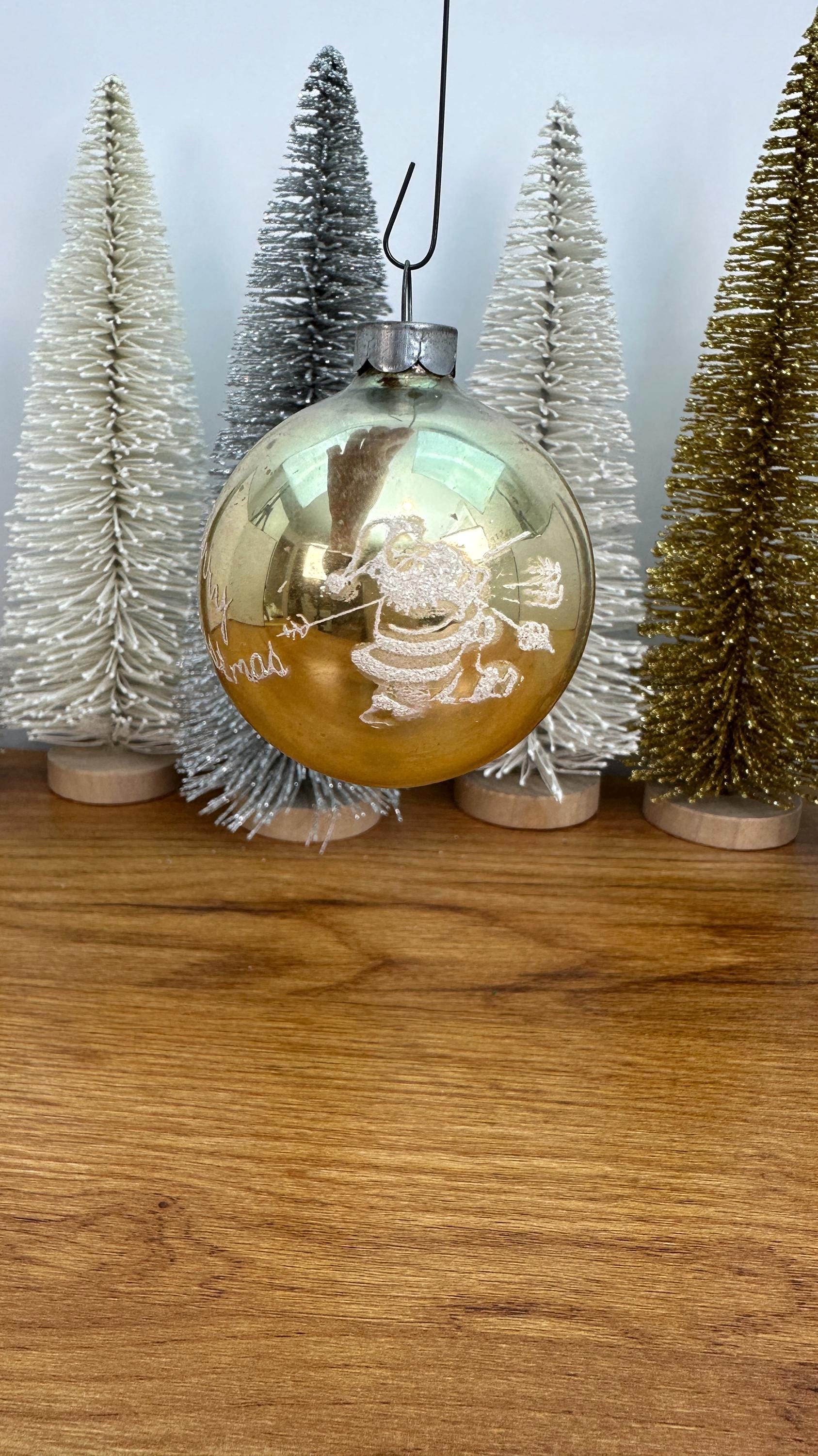 Vintage Mercury Glass Stenciled Ornament -  Gold Santa Claus Merry Christmas