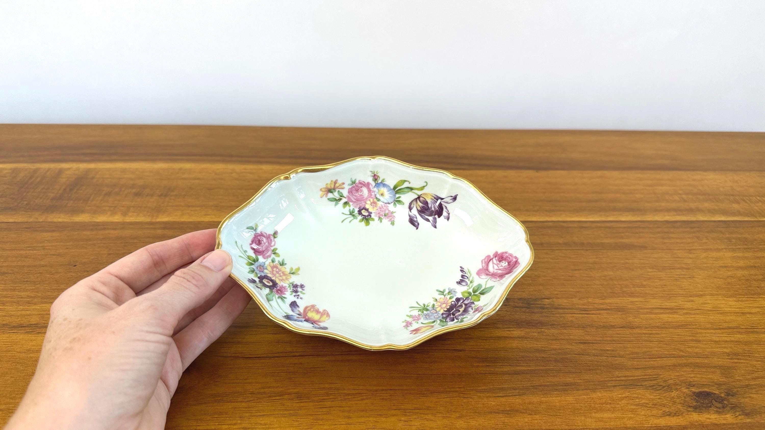 Vintage Trinket Tray, Jewelry Dish- Floral with Gold Rim- Limoges France