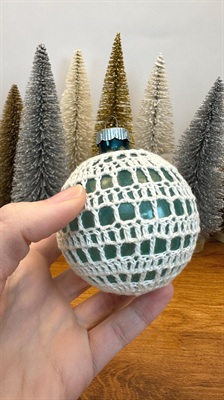 Vintage Crocheted Shiny Brite Ornament - Unsilvered Glass with Cochet Net Cover- Made in U.S.A. view 1