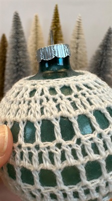 Vintage Crocheted Shiny Brite Ornament - Unsilvered Glass with Cochet Net Cover- Made in U.S.A. view 5