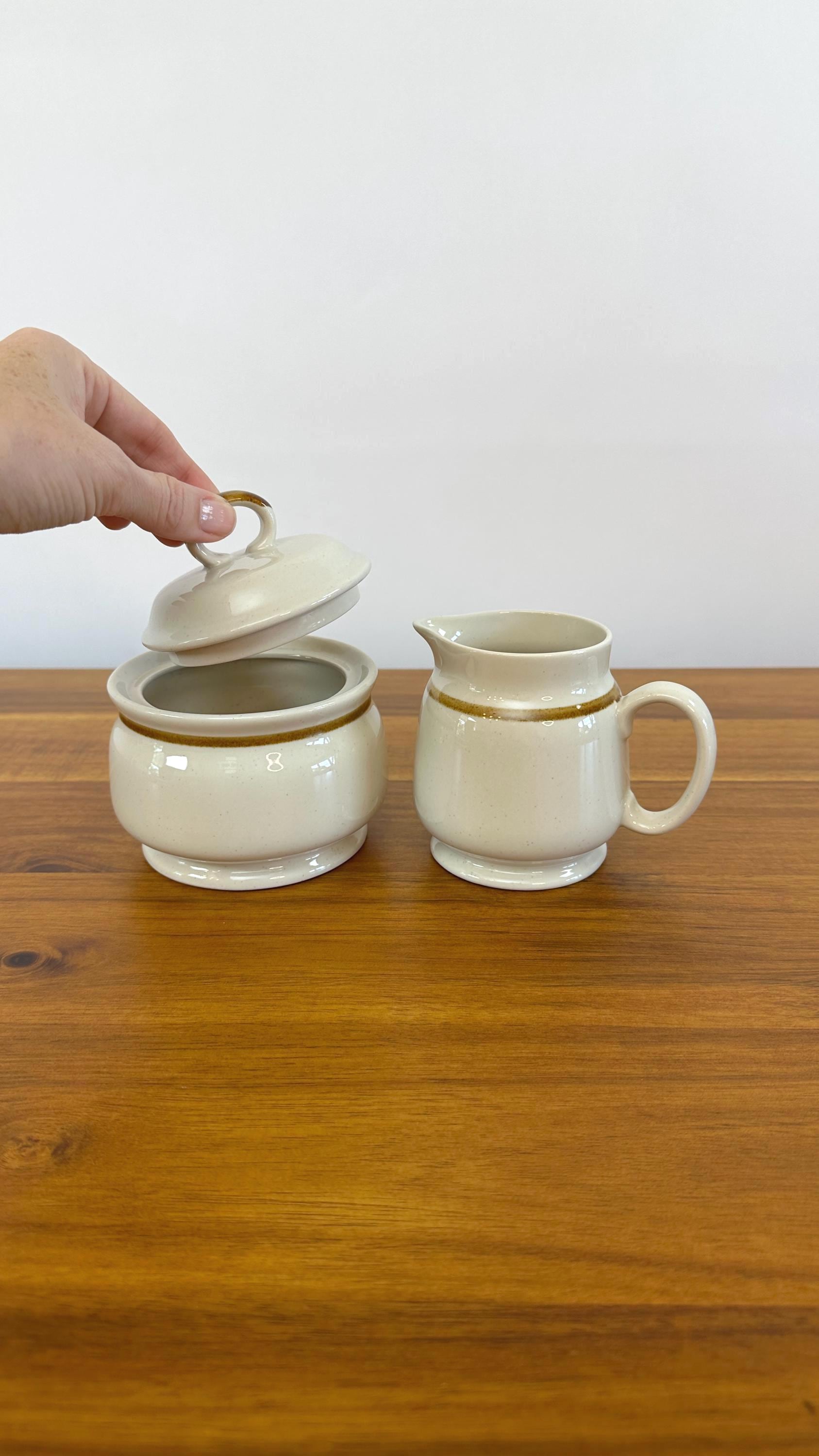 Vintage Stoneware Creamer and Sugar Bowl- Retro Neutral Colors-  Mountain Wood Collection 1970's Japan