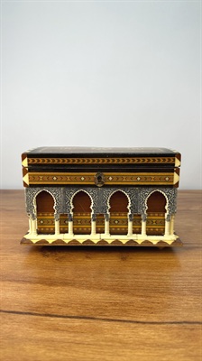 Vintage Spanish Inlaid Wood Marquetry Music Box - Alhambra Palace Architectural Model -Reuge Musical Jewelry Box view 1