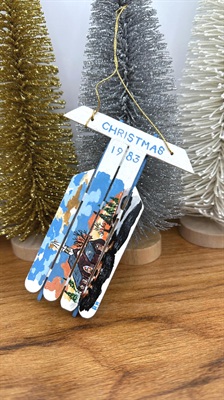 Vintage Christmas Tree Ornament- Hand Crafted and Painted Popsicle Stick Sled- 1983 view 1