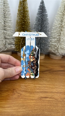 Vintage Christmas Tree Ornament- Hand Crafted and Painted Popsicle Stick Sled- 1983 view 2