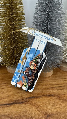 Vintage Christmas Tree Ornament- Hand Crafted and Painted Popsicle Stick Sled- 1983 view 8