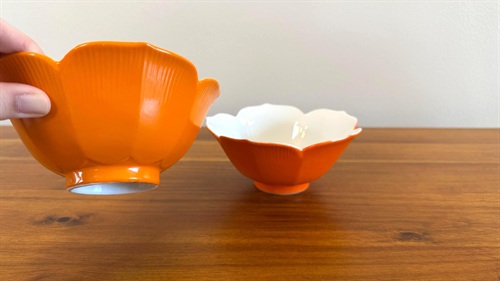 Vintage Orange Ceramic Lotus Bowls - Set of 2 Mid Century Modern Rice Bowls view 1