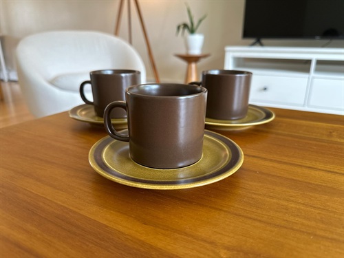 Vintage MCM Stoneware Coffee Cups and Saucers | Brown and Golden | Made in Japan SET OF 3 view 1