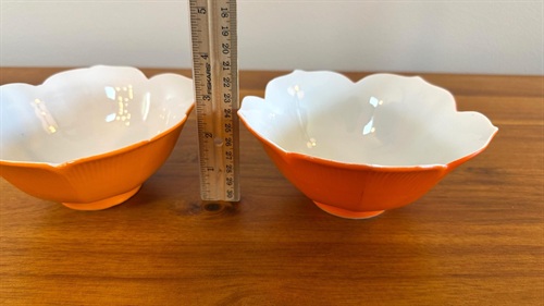 Vintage Orange Ceramic Lotus Bowls - Set of 2 Mid Century Modern Rice Bowls view 3
