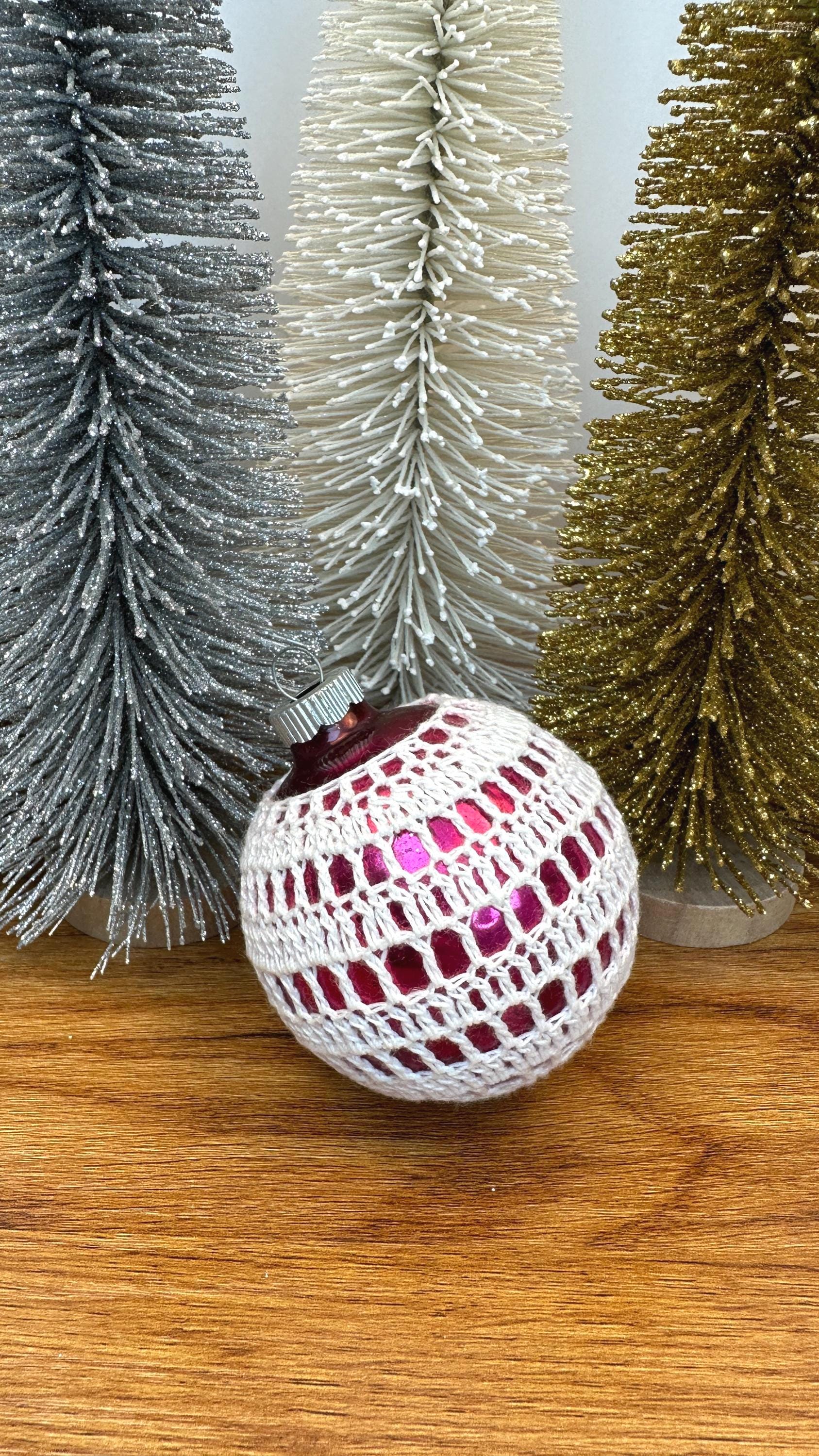 Vintage Shiny Brite Christmas Ornament with Crocheted Cover- Pink Unsilvered  Made in U.S.A.