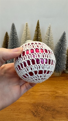 Vintage Shiny Brite Christmas Ornament with Crocheted Cover- Pink Unsilvered  Made in U.S.A. view 3