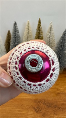 Vintage Shiny Brite Christmas Ornament with Crocheted Cover- Pink Unsilvered  Made in U.S.A. view 5