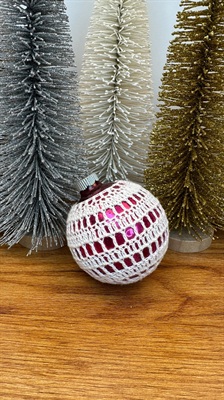 Vintage Shiny Brite Christmas Ornament with Crocheted Cover- Pink Unsilvered  Made in U.S.A. view 9