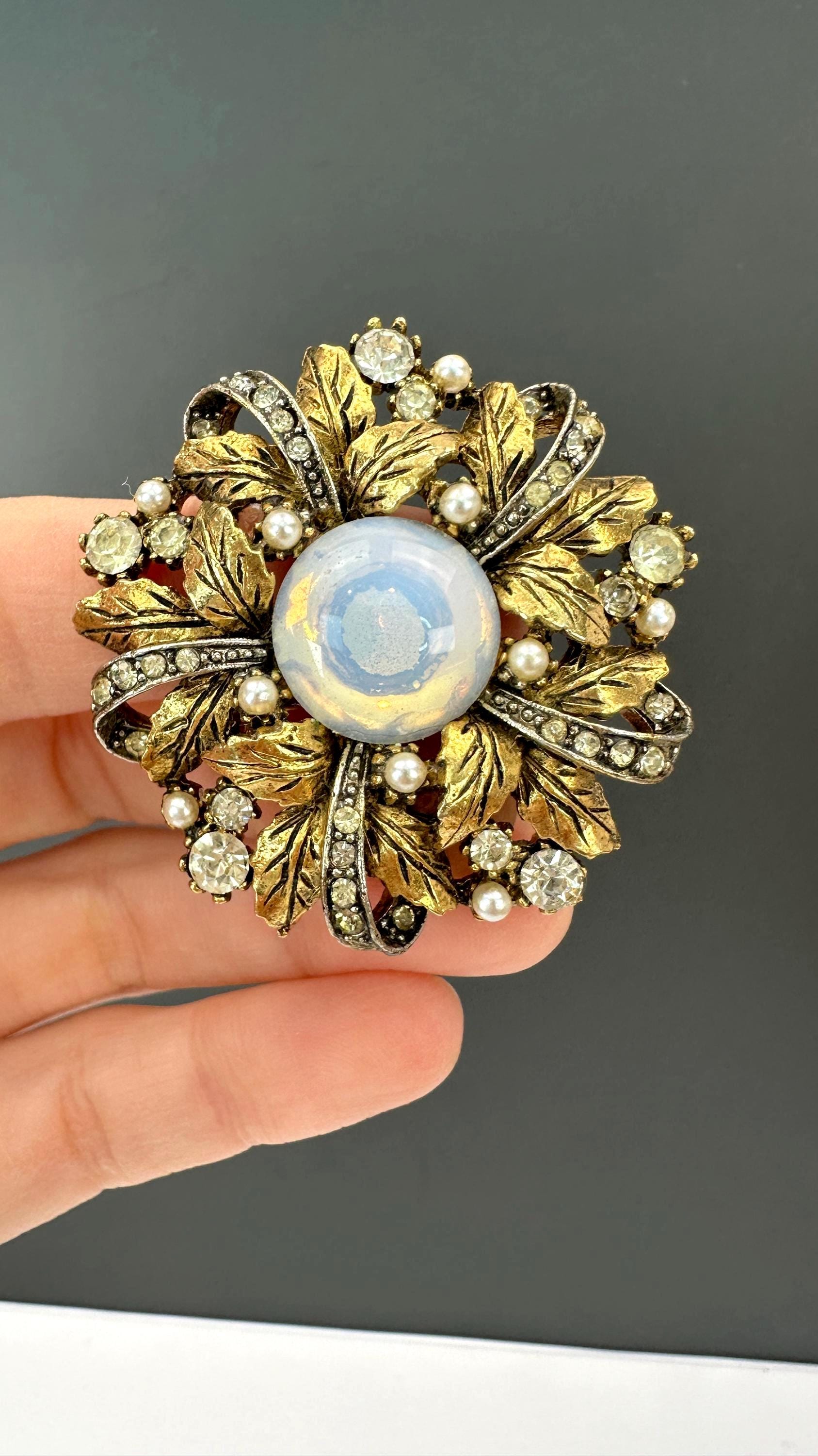 Vintage Arthur Pepper Brooch | Jelly Belly White Cabochon and Rhinestones