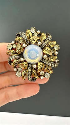 Vintage Arthur Pepper Brooch | Jelly Belly White Cabochon and Rhinestones view 1