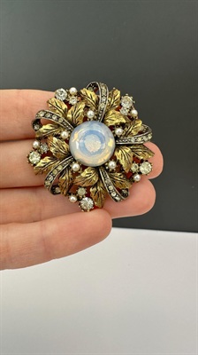 Vintage Arthur Pepper Brooch | Jelly Belly White Cabochon and Rhinestones view 2