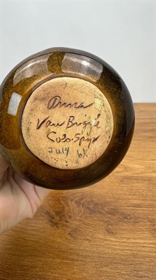 Vintage Mid- Century Bud Vase | Anna Van Briggle Brown Drip Glaze Vase 7" view 9