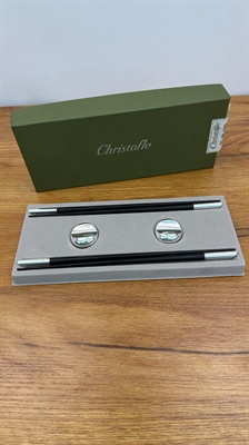 Vintage Christofle Chopsticks with Chopstick Rests | Silver- Plated Ebony Wood SET OF 2 view 2