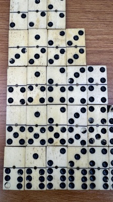 Antique Domino Set | Vintage Bone Dominoes Brass Pinned Ebony | Complete 28 Piece Set- NO BOX view 3