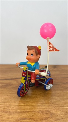 Vintage Tin Litho Wind-Up Pinocchio | Boy on Tricycle Tin Toy -Working view 1
