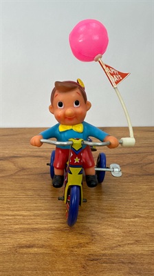 Vintage Tin Litho Wind-Up Pinocchio | Boy on Tricycle Tin Toy -Working view 2
