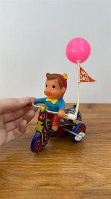 Vintage Tin Litho Wind-Up Pinocchio | Boy on Tricycle Tin Toy -Working view 4