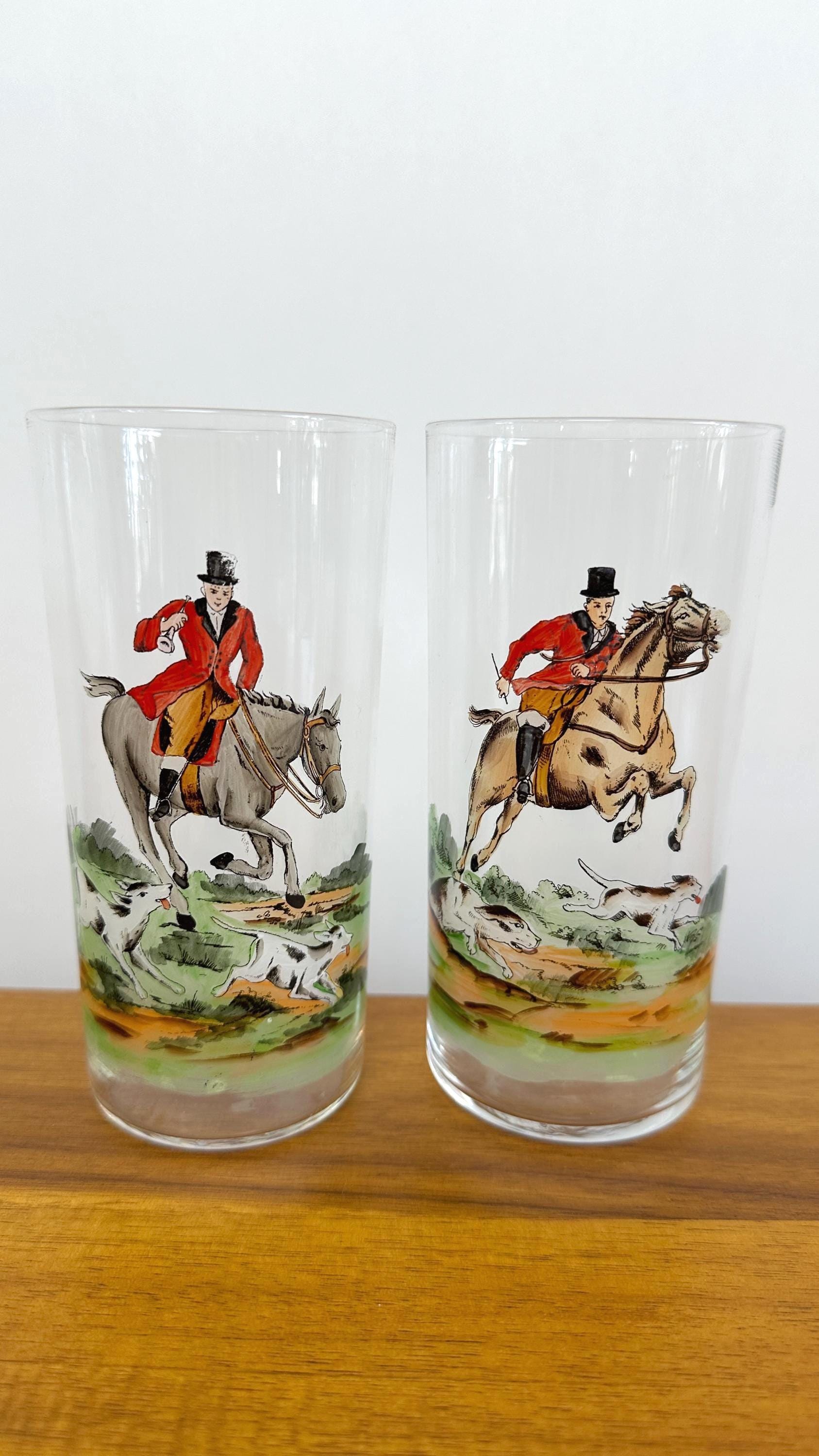Vintage Hand Painted Highball Drinking Glasses Equestrienne  Fox Hunt-Made in Czechoslovakia Early 1900's